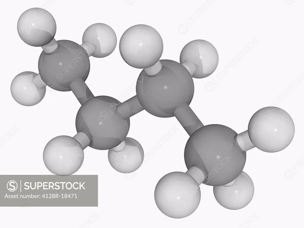 Butane, molecular model. Highly flammable, colourless and easily liquified gas. Used as lighter fuel. Atoms are represented as spheres and are colour_...