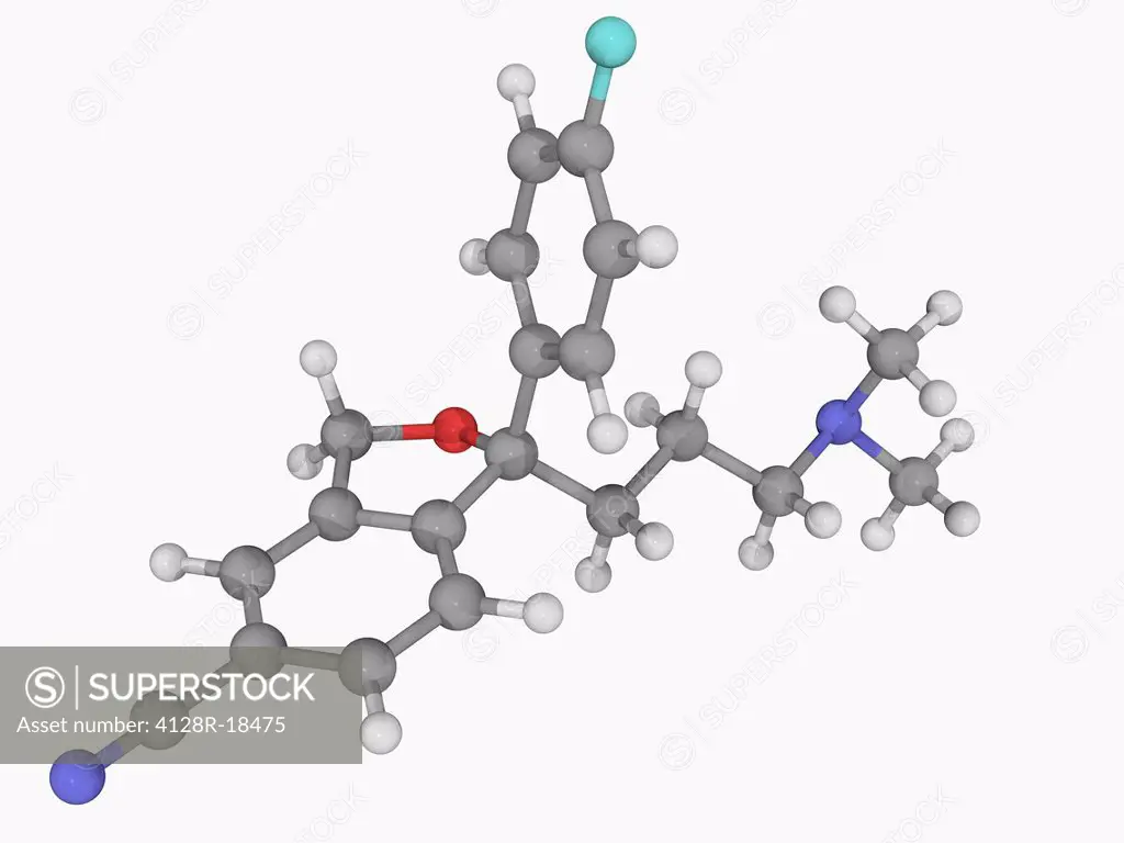 Escitalopram, molecular model. Antidepressant of the selective serotonin reuptake inhibitor class. Used in the treatment of major depressive disorder ...