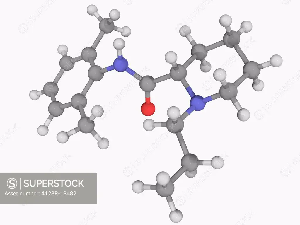 Ropivacaine, molecular model. Local aesthetic drug. Atoms are represented as spheres and are colour_coded: carbon grey, hydrogen white, nitrogen blue ...