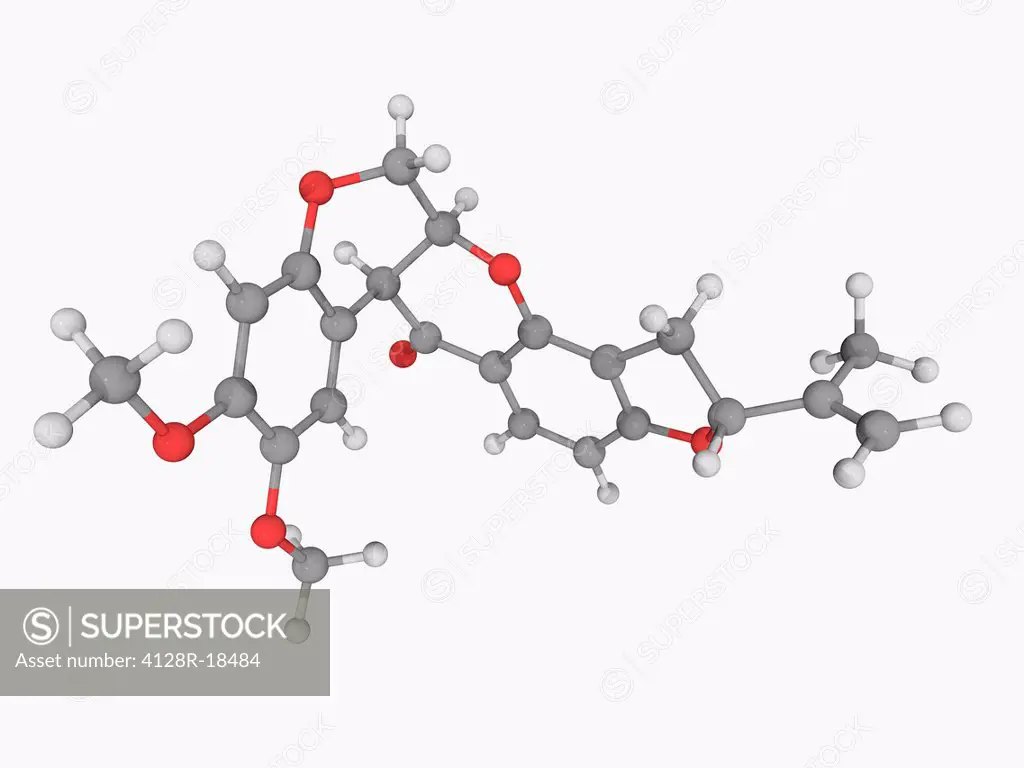 Rotenone, molecular model. Odourless chemical used as a broad_spectrum insecticide, piscicide, and pesticide. Atoms are represented as spheres and are...
