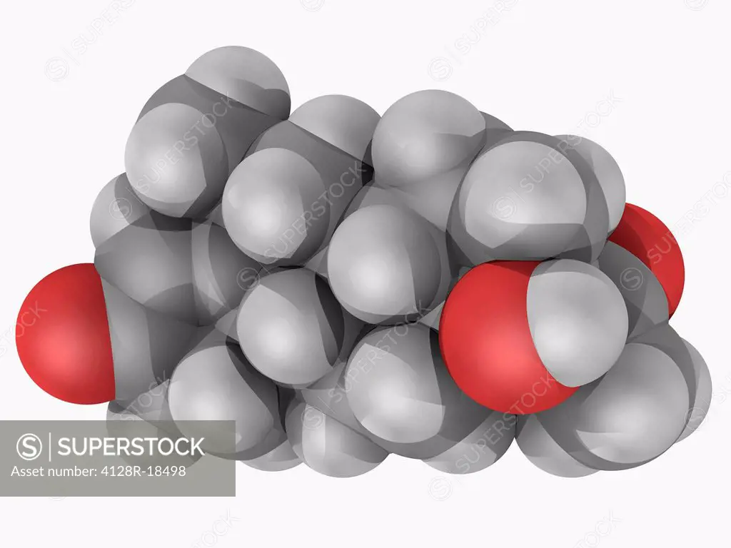 Medroxyprogesterone, molecular model. Drug acting as a progestin. Used to regulate irregular periods in a women´s menstrual cycle. Atoms are represent...
