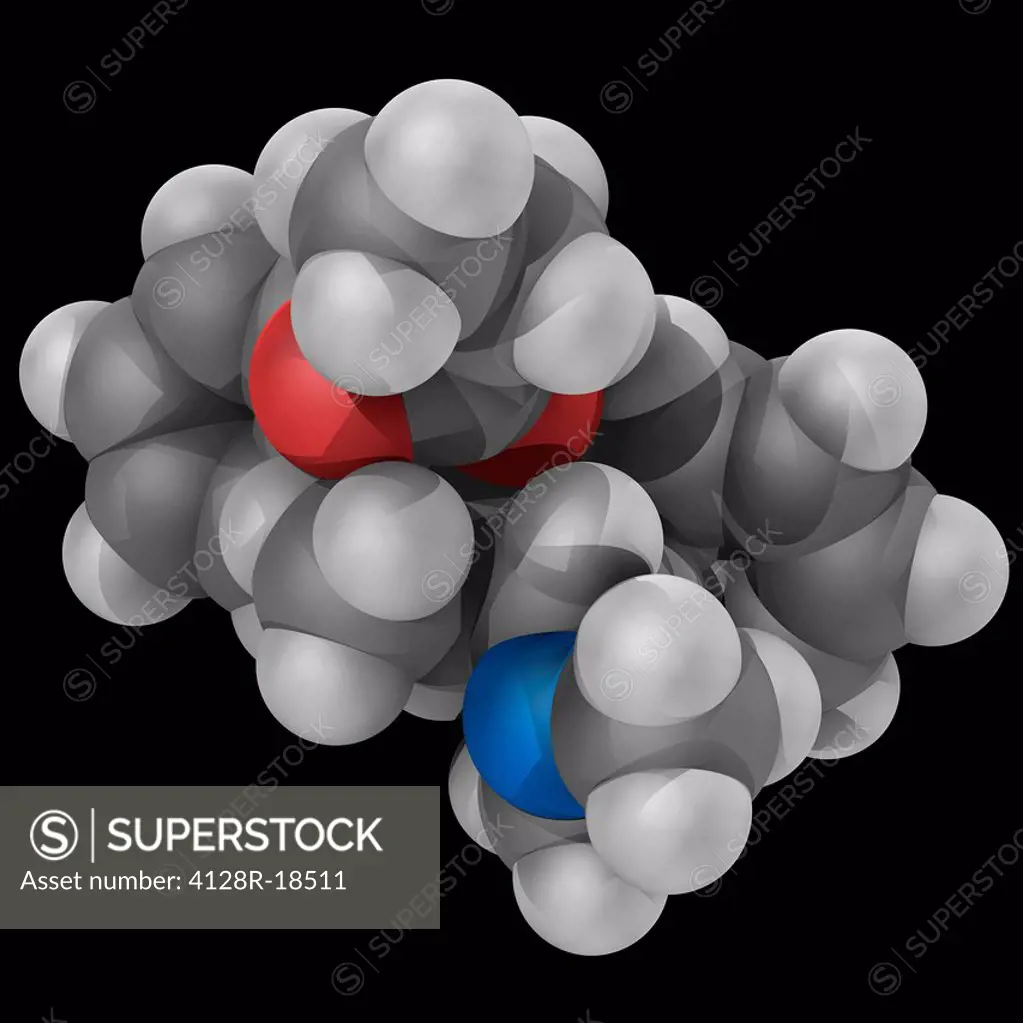 Dextropropoxyphene propoxyphene, molecular model. Mild pain kiler. It was taken off the market in Europe and the USA because of fatal overdoses and ar...