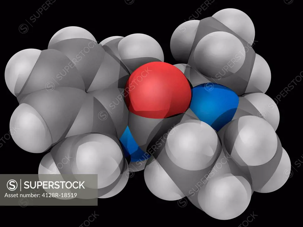 Ropivacaine, molecular model. Local aesthetic drug. Atoms are represented as spheres and are colour_coded: carbon grey, hydrogen white, nitrogen blue ...
