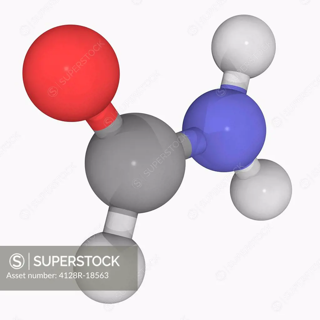 Formamide methanamide, molecular model. Amide derived from formic acid, Used for manufacturing sulfa drugs, for synthesizing vitamins and as a softene...