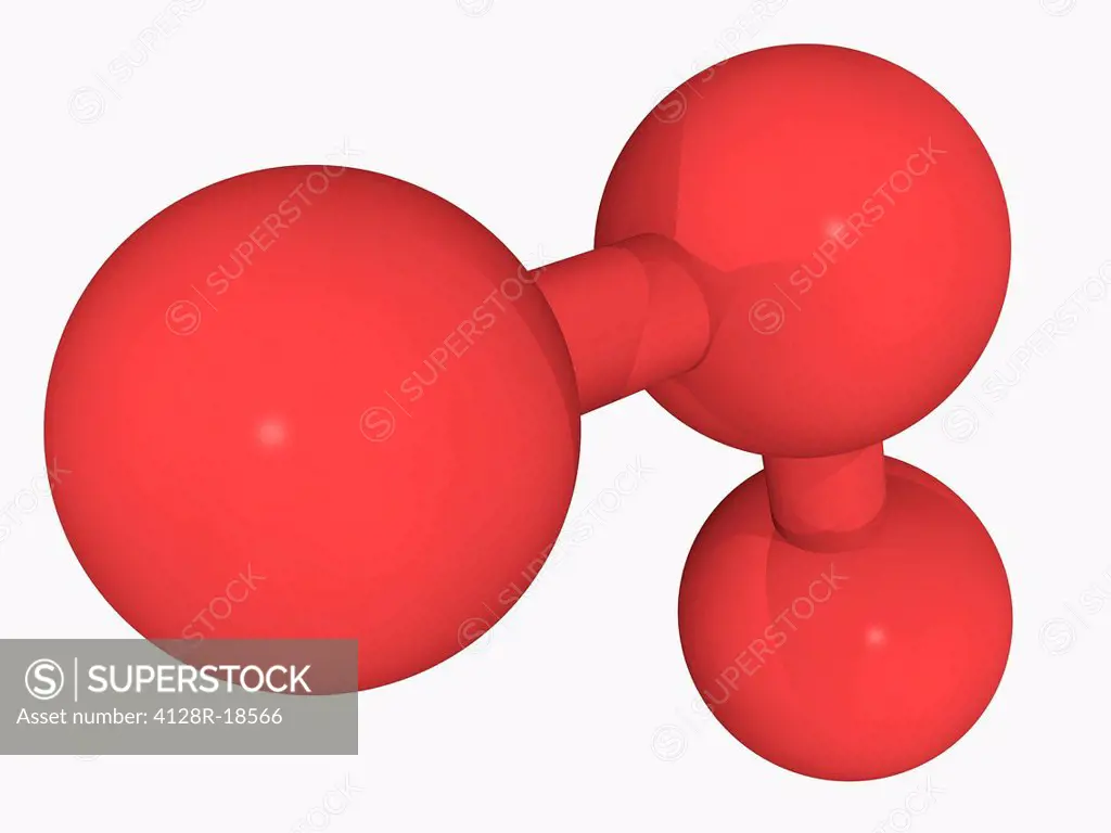 Ozone, molecular model. Triatomic molecule consisting of three oxygen atoms. Air pollutant with harmful effects on the respiratory system.