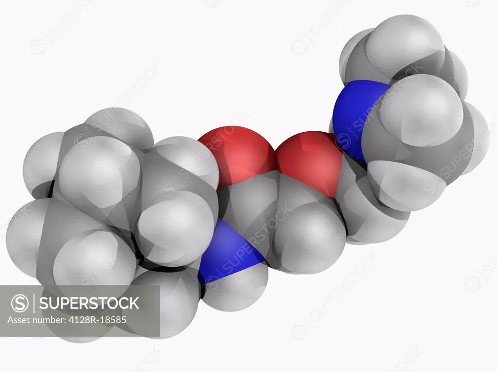 Tromantadine, molecular model. Antiviral drug used to treat herpes simplex virus. Atoms are represented as spheres and are colour_coded: carbon grey, ...