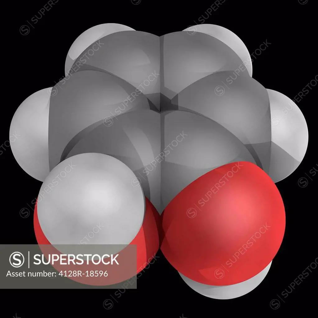 Catechol, molecular model. Orthoisomer of the three isomeric benzenediols. Precursor to pesticides, flavours and fragrances. Atoms are represented as ...