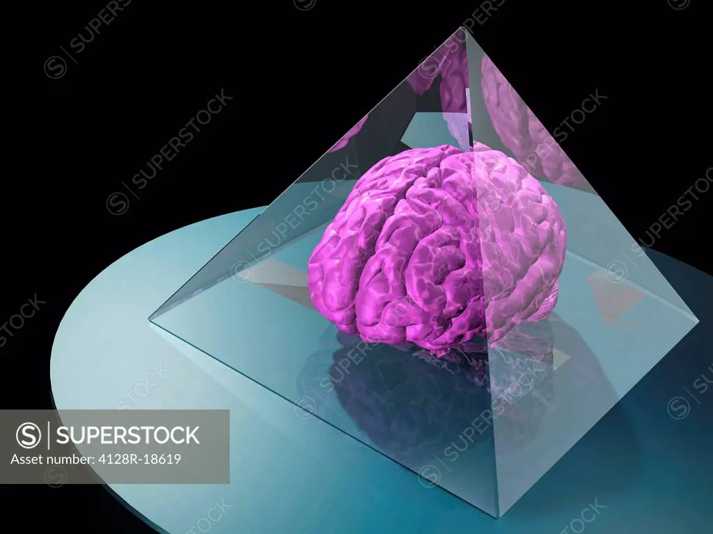 Brain trapped in a pyramid, computer artwork.