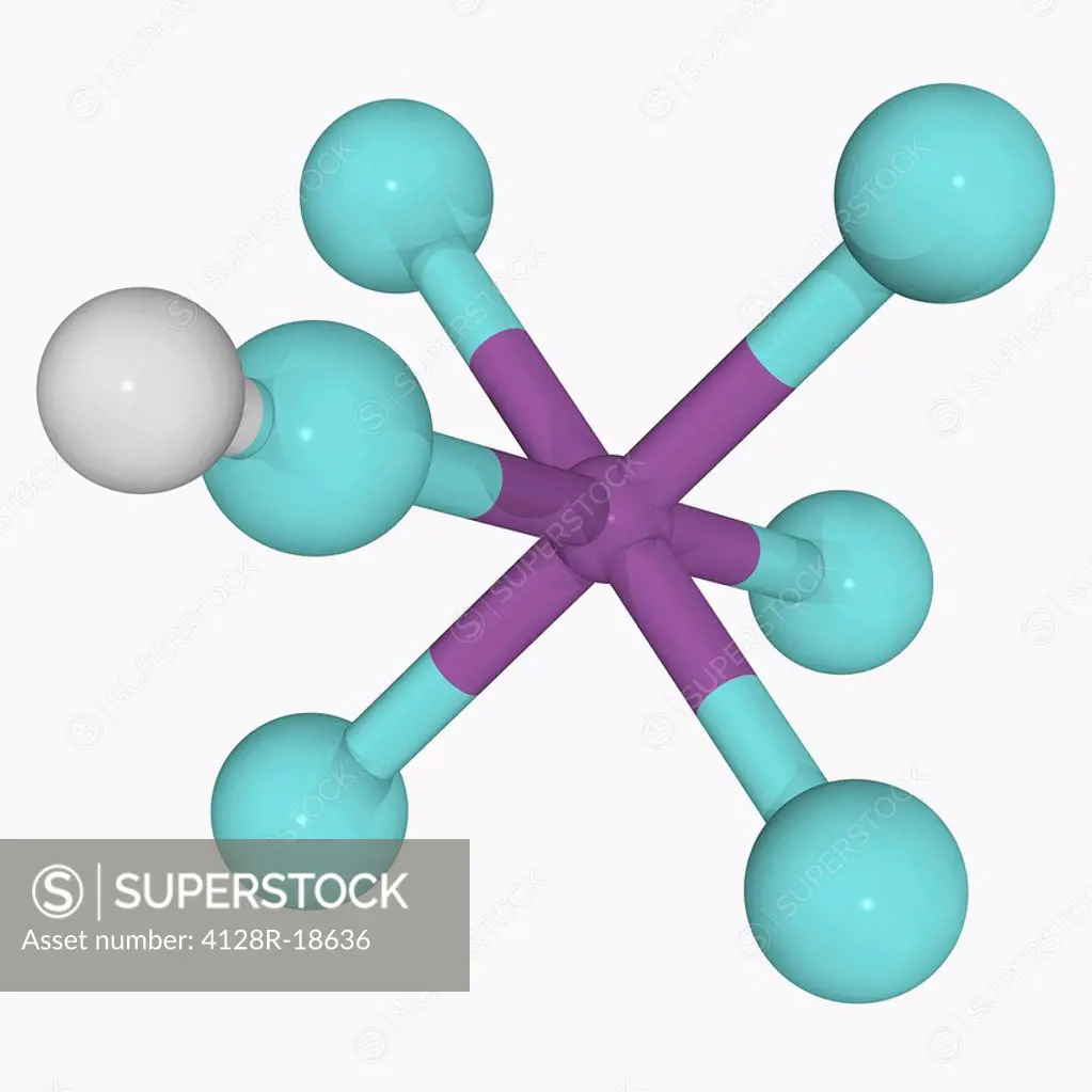 Fluoroantimonic acid, molecular model. Chemical compound, strongest known superacid. Atoms are represented as spheres and are colour_coded: antimony v...
