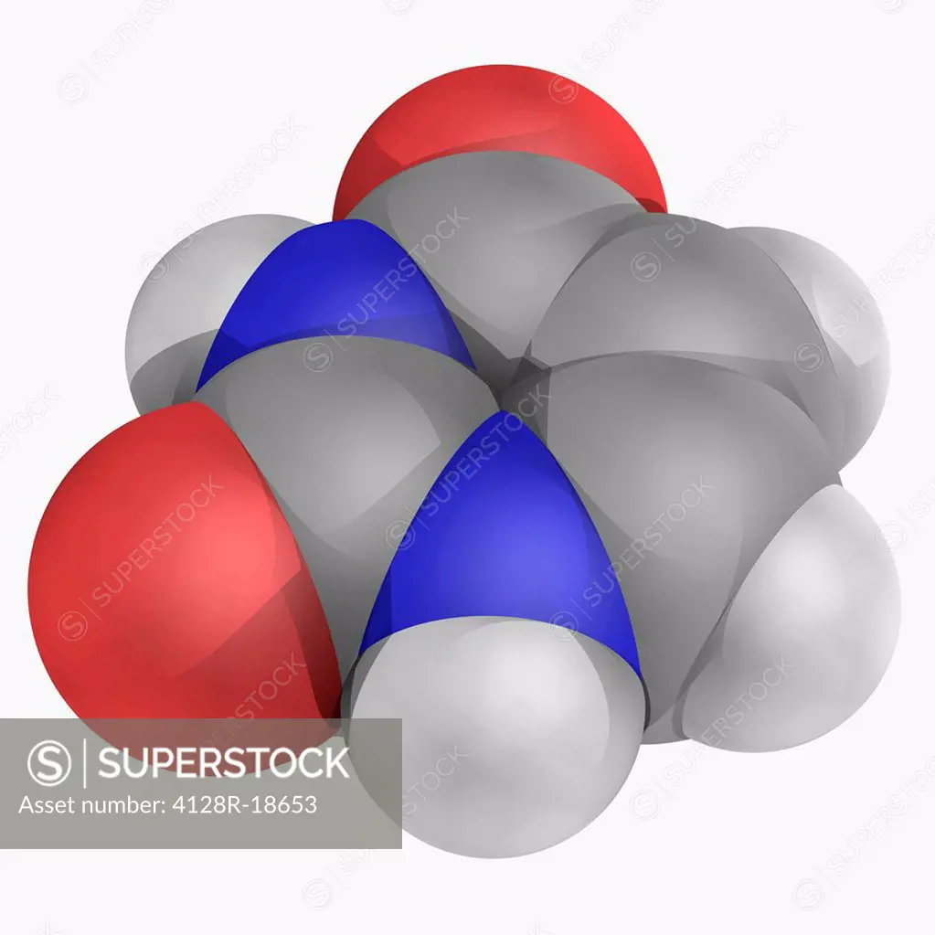 Uracil, molecular model. One of the four nucleobases in RNA. Atoms are represented as spheres and are colour_coded: carbon grey, hydrogen white, nitro...