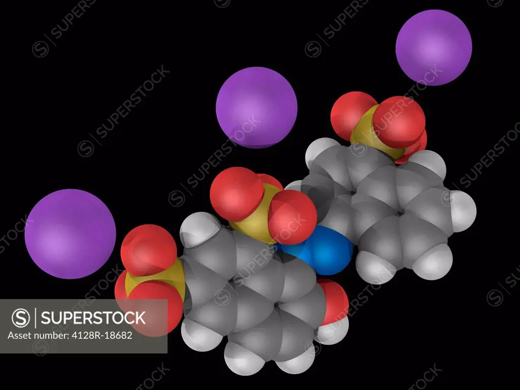 Ponceau 4R, molecular model. Synthetic colorant, red azo dye which can be used in a variety of food products. Atoms are represented as spheres and are...