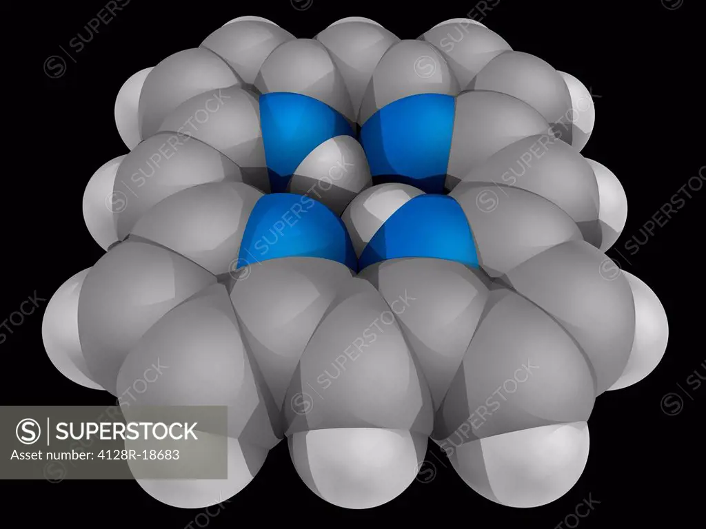 Porphin porphine, molecular model. Organic compound that is aromatic and heterocyclic. Atoms are represented as spheres and are colour_coded: carbon g...