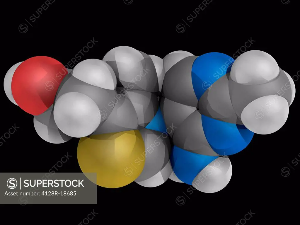 Vitamin B1 thiamine, molecular model. Insufficient intake leads to a disease called beriberi. Atoms are represented as spheres and are colour_coded: c...