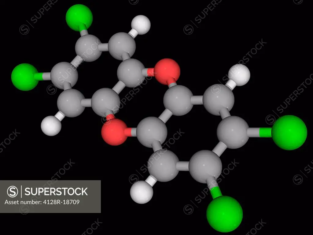 Dioxin TCDD, molecular model. Important environmental pollutant, became known as a contaminant of Agent Orange. Atoms are represented as spheres and a...
