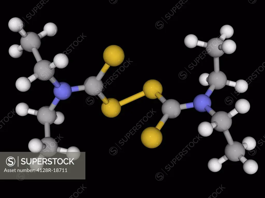 Disulfiram, molecular model. Drug used in the treatment of chronic alcoholism by producing an acute sensitivity to alcohol. Atoms are represented as s...