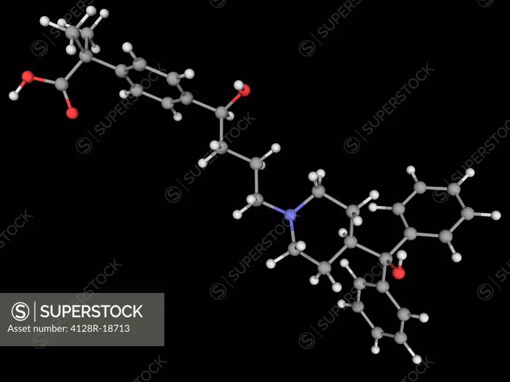 Fexofenadine, molecular model. Antihistamine drug used in the treatment of hayfever and similar allergic symptoms. Atoms are represented as spheres an...