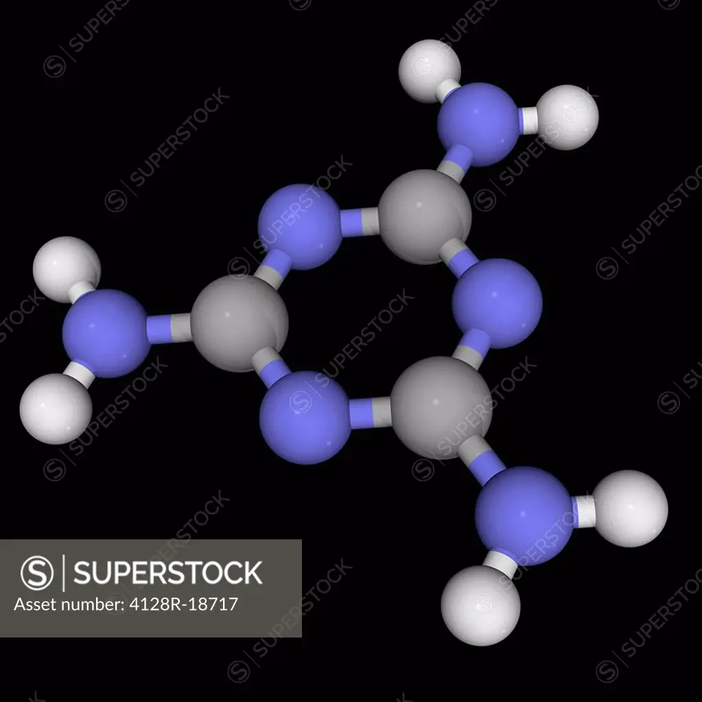 Melamine, molecular model. Organic compound which is combined with formaldehyde to produce melamine resin and melamine foam. Atoms are represented as ...