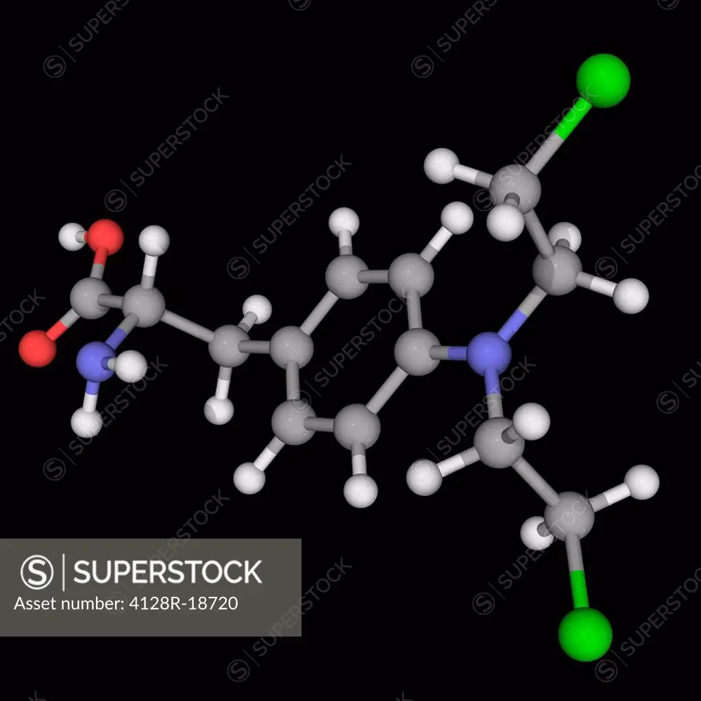 Melphalan, molecular model. Chemotherapy drug belonging to the class of nitrogen mustard alkylating agents. Used to treat multiple myeloma and ovarian...