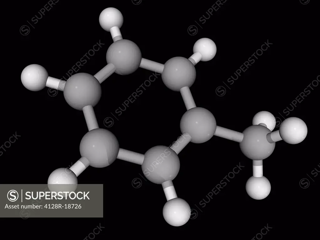 Toluene, molecular model. Aromatic hydrocarbon widely used as an industrial feedstock and as a solvent. Atoms are represented as spheres and are colou...