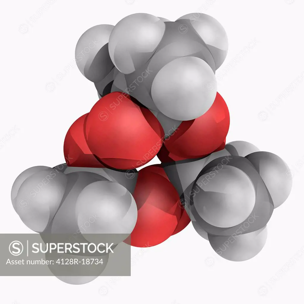TATP triacetone triperoxide, molecular model. Organic peroxide and a primary high explosive susceptible to heat, friction, and shock. Atoms are repres...