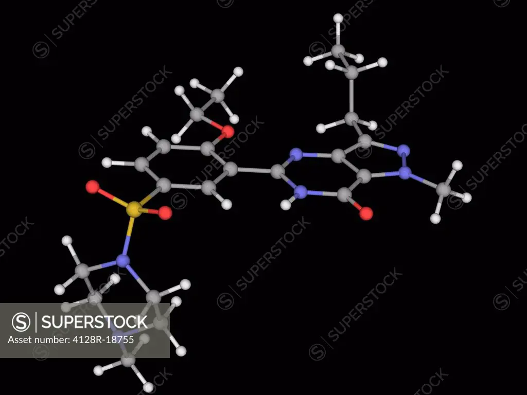 Sildenafil citrate, molecular model. Drug used to treat erectile dysfunction and pulmonary arterial hypertension. Atoms are represented as spheres and...