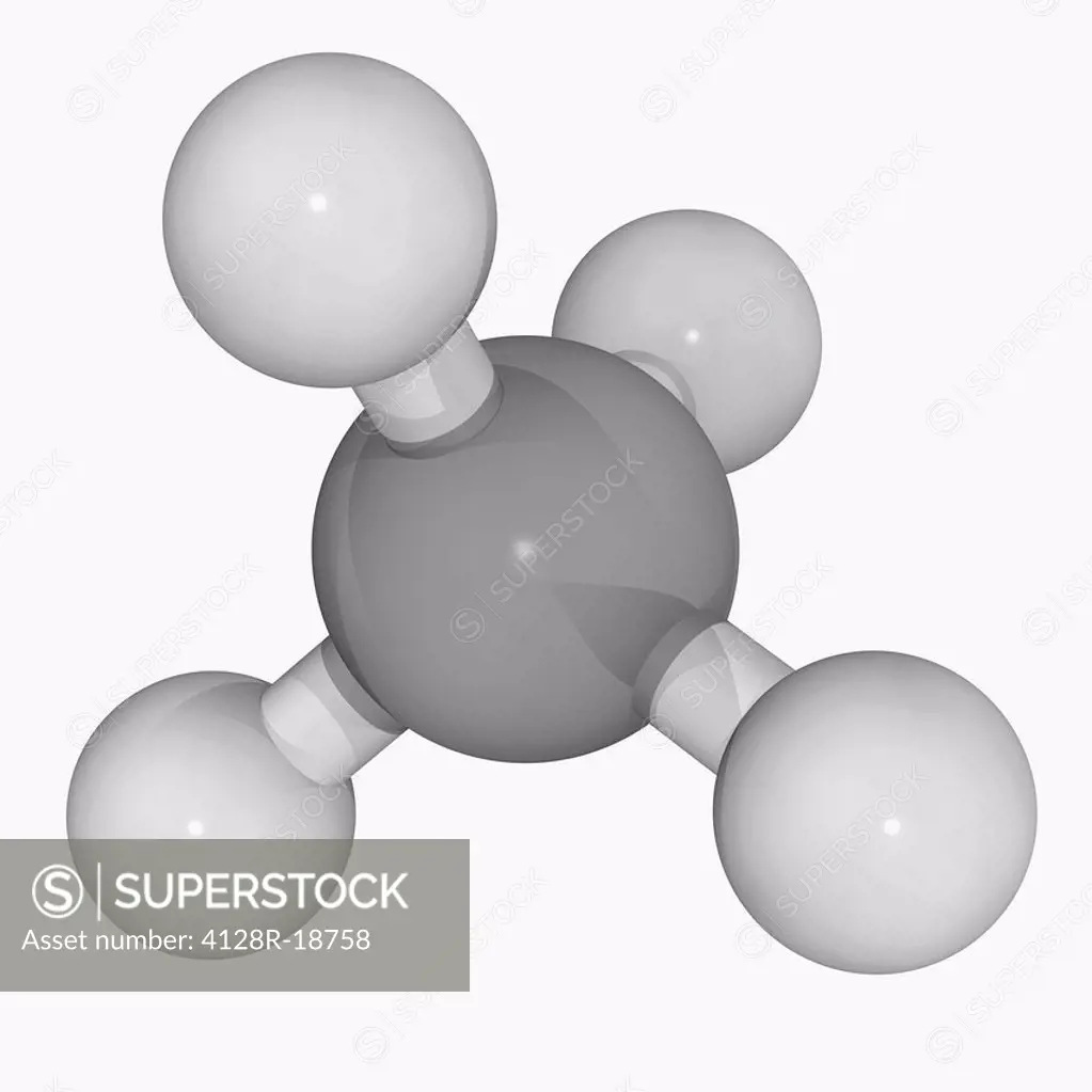 Methane, molecular model. Organic component, the principal component of natural gas. Atoms are represented as spheres and are colour_coded: carbon gre...