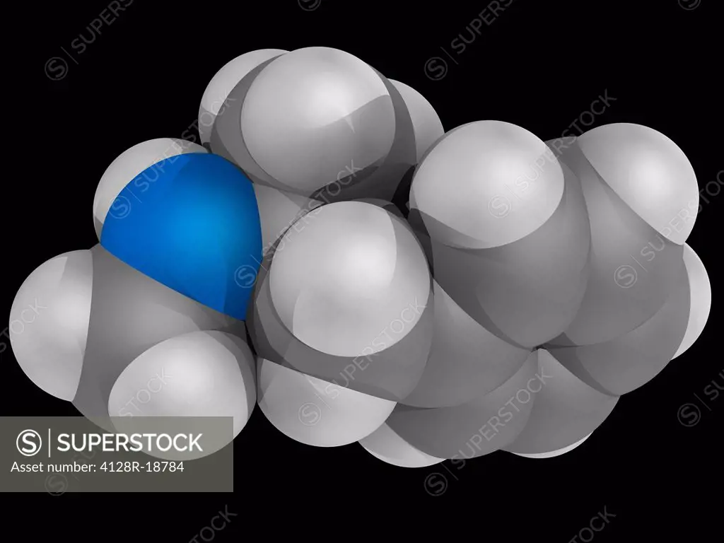 Methamphetamine, molecular model. Psychostimulant of the phenethylamine and amphetamine class. High potential for abuse and addiction. Atoms are repre...