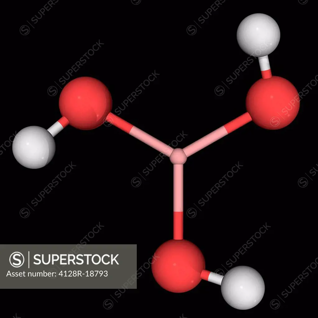 Boric acid, molecular model. Chemical compound used as an antiseptic, insecticide, flame retardant and as a neutron absorber. Atoms are represented as...