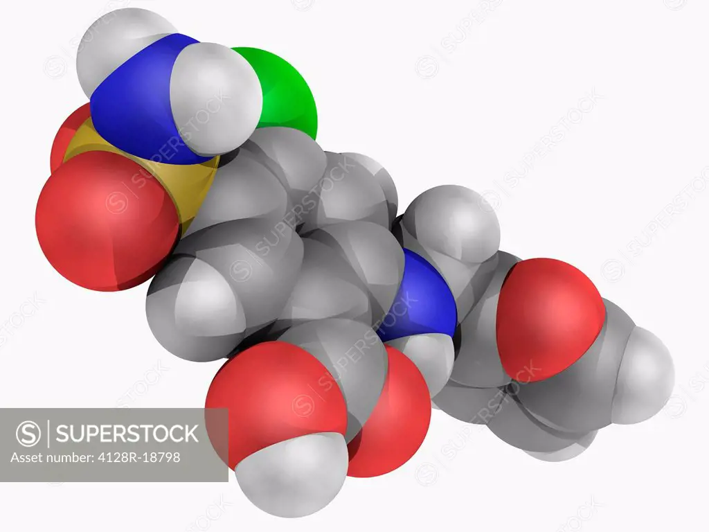 Furosemide, molecular model. Loop diuretic used in the treatment of congestive heart failure and edema. Atoms are represented as spheres and are colou...