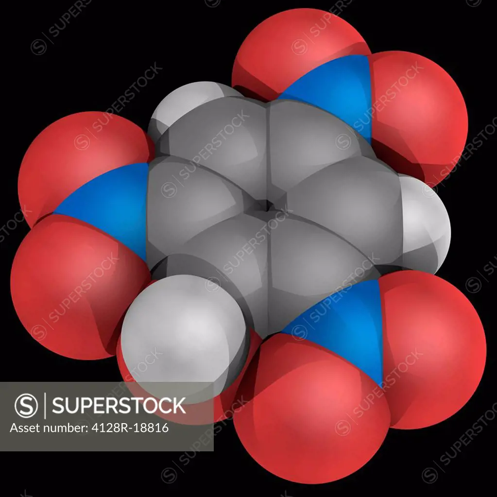 Picric acid, molecular model. Explosive organic component and one of the most acidic phenols. Atoms are represented as spheres and are colour_coded: c...