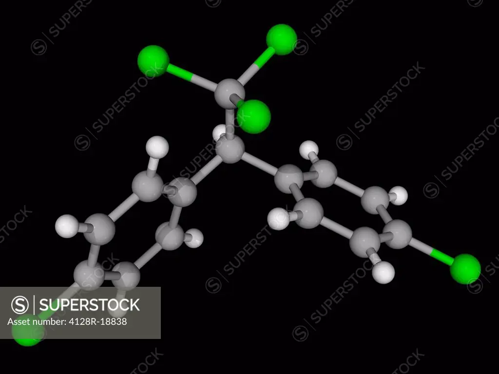 DDT dichlorodiphenyltrichloroethane, molecular model. Synthetic insecticide banned worldwide. Atoms are represented as spheres and are colour_coded: c...