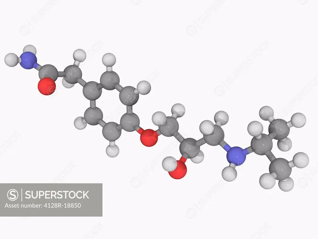 Atenolol, molecular model. Beta blocker used in the treatment of hypertension. Atoms are represented as spheres and are colour_coded: carbon grey, hyd...
