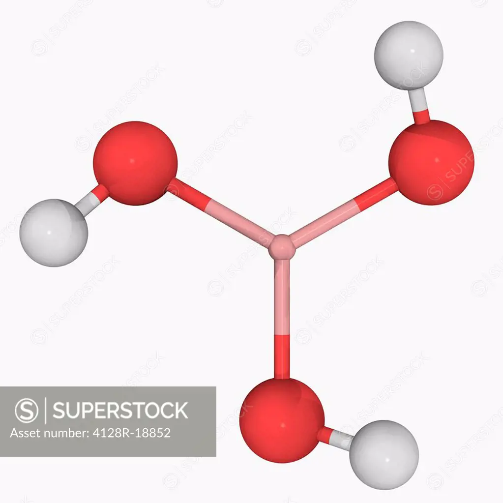 Boric acid, molecular model. Chemical compound used as an antiseptic, insecticide, flame retardant and as a neutron absorber. Atoms are represented as...