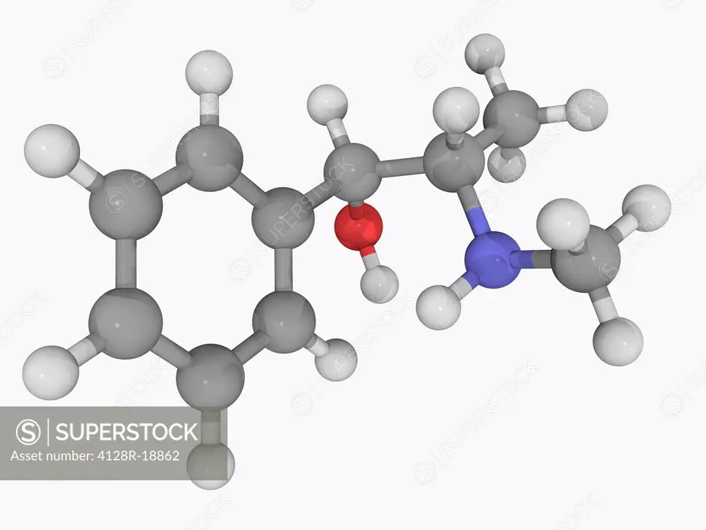 Pseudoephedrine, molecular model. Sympathomimetic drug of the phenethylamine and amphetamine classes used to treat swollen nasal mucous membranes. Ato...