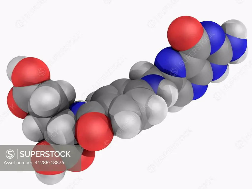 Folic acid vitamin B9, molecular model. One form of the water_soluble vitamin B9. Essential to many body functions. Atoms are represented as spheres a...