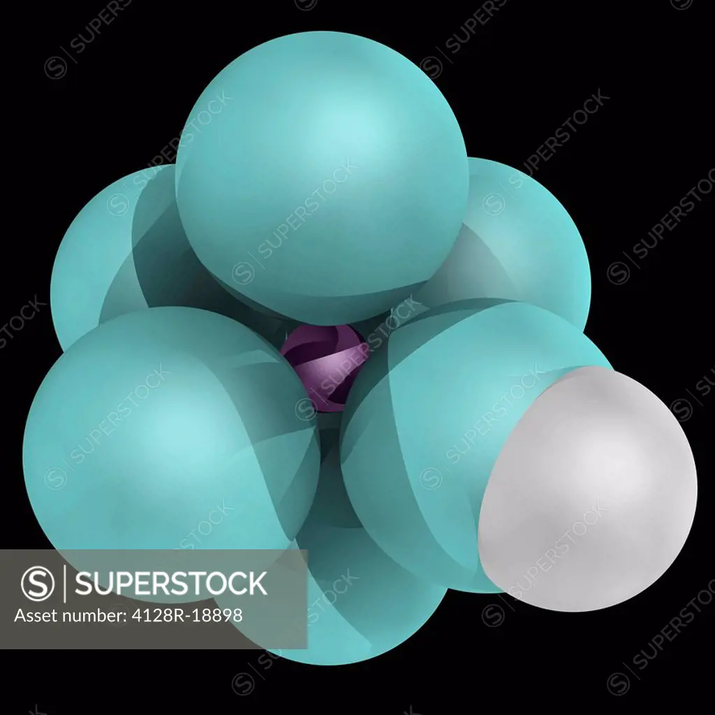 Fluoroantimonic acid, molecular model. Chemical compound, strongest known superacid. Atoms are represented as spheres and are colour_coded: antimony v...