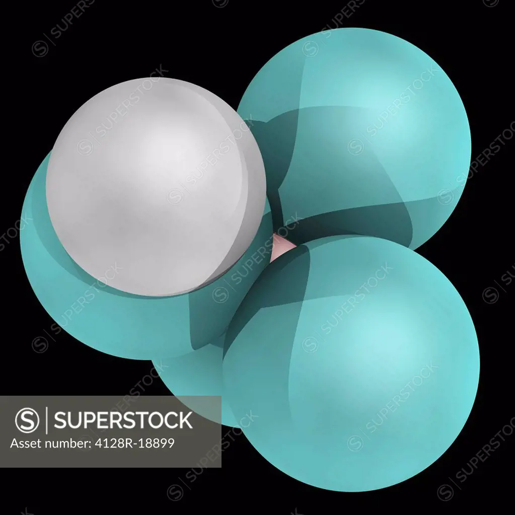 Fluoroboric acid, molecular model. Chemical compound, strong acid. Atoms are represented as spheres and are colour_coded: boron pink, hydrogen white a...