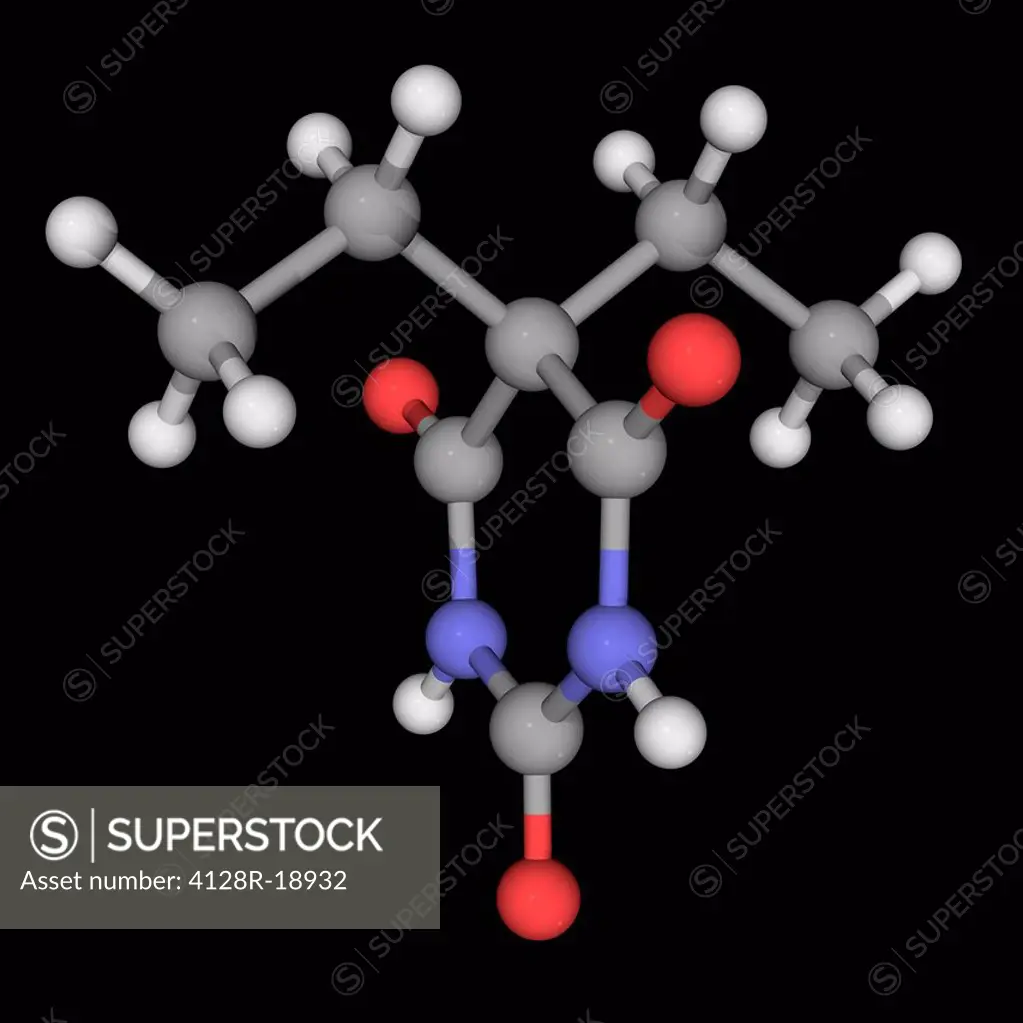 Barbital Veronal, molecular model. First commercially marketed barbiturate. Atoms are represented as spheres and are colour_coded: carbon grey, hydrog...