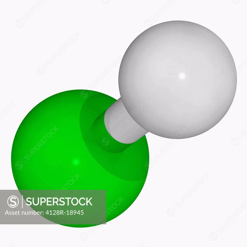 Hydrochloric acid, molecular model. Highly corrosive, strong mineral acid. Found naturally in gastric acid. Mainly used in the industrial production o...