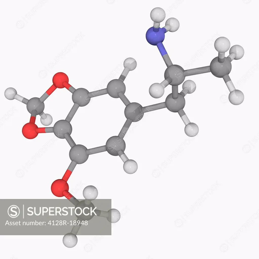 MMDA 3_Methoxy_MDA, molecular model. Psychedelic and entactogen drug of the amphetamine class. Analogue of MDMA. Atoms are represented as spheres and ...