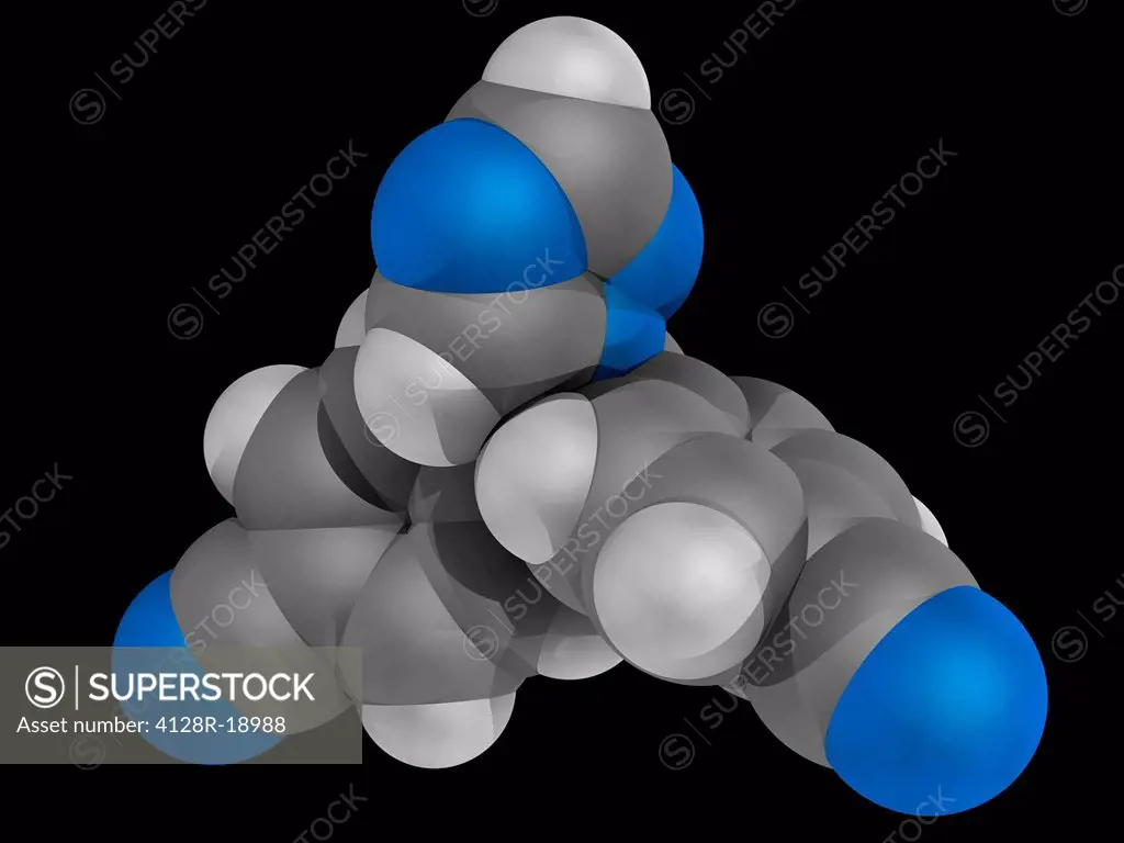 Letrozole, molecular model. Non_steroidal aromatase inhibitor used in the treatment of breast cancer after surgery. Atoms are represented as spheres a...