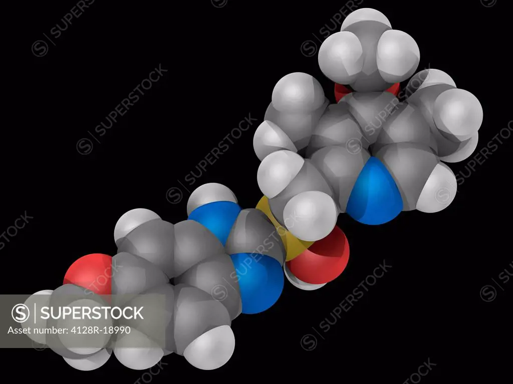Omeprazole, molecular model. Drug acting as a proton pump inhibitor and used in the treatment of dyspepsia, peptic ulcer disease, reflux and Zollinger...