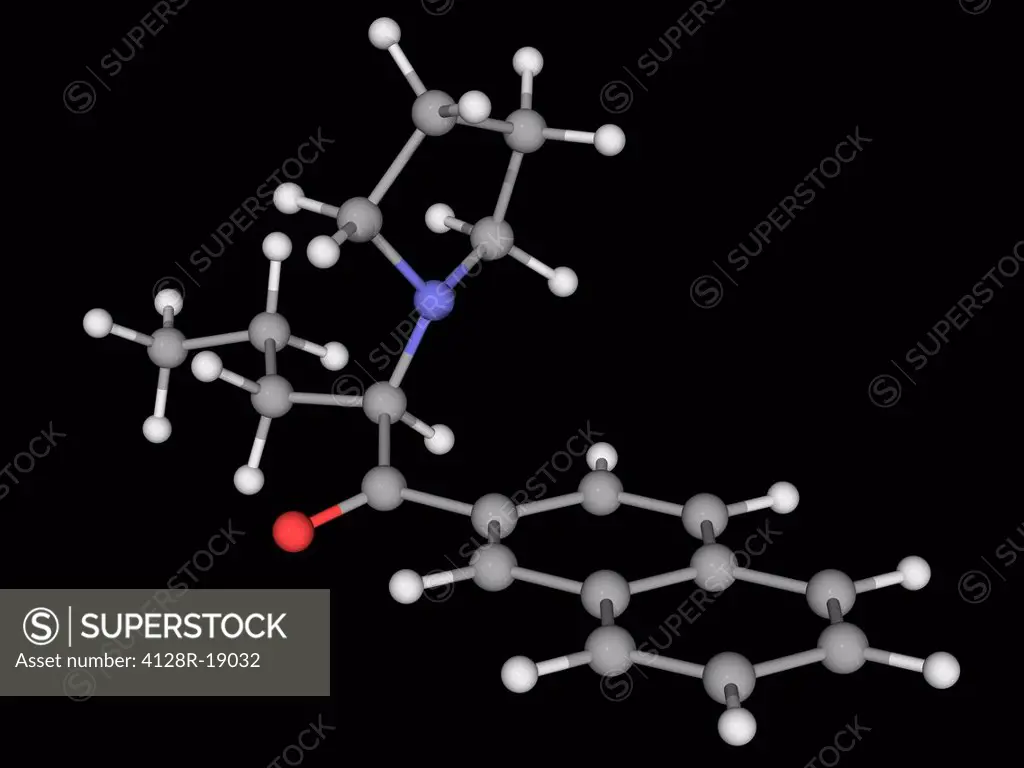Naphyrone, molecular model. Drug acting as a triple reuptake inhibitor and producing stimulant effects. Atoms are represented as spheres and are colou...
