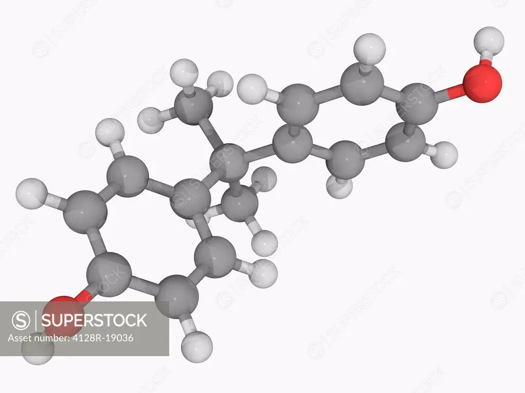 Bisphenol A BPA, molecular model. Organic compound used to fabricate polycarbonate polymers and epoxy resins. BPA use is banned in baby bottles in sev...