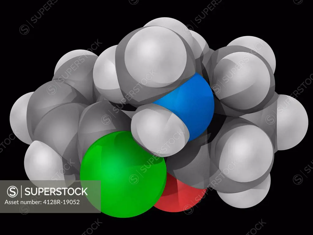 Ketamine, molecular model. Drug used in human and veterinary medicine, generally for the induction and maintenance of general anaesthesia. Atoms are r...