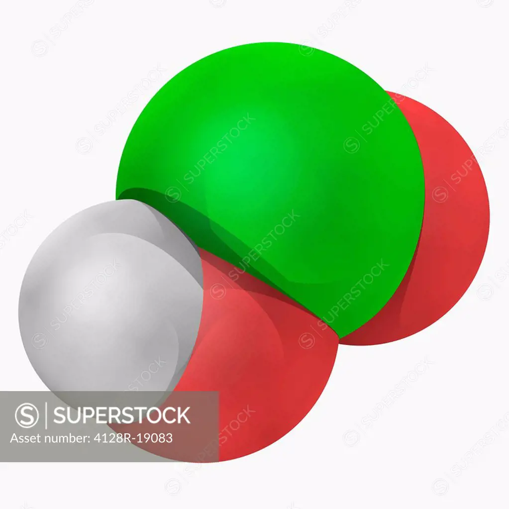 Chlorous acid, molecular model. Weak acid and powerful oxidizing agent. Atoms are represented as spheres and are colour_coded: hydrogen white, oxygen ...
