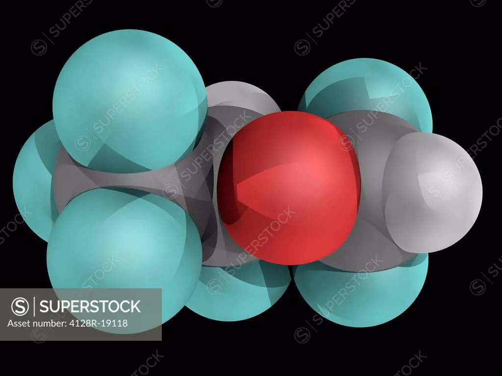 Desflurane, molecular model. Highly fluorinated methyl ethyl ester used for general anaesthesia. Atoms are represented as spheres and are colour_coded...