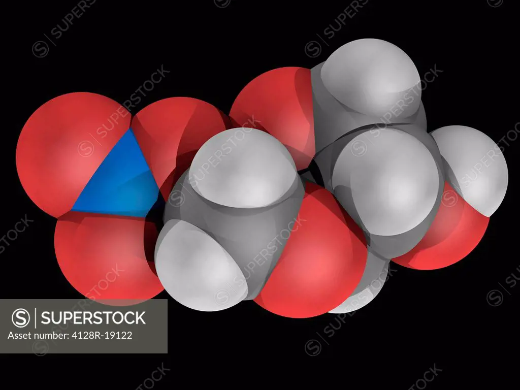 Isosorbide mononitrate, molecular model. Nitrate_class drug used in the treatment of angina pectoris. Atoms are represented as spheres and are colour_...
