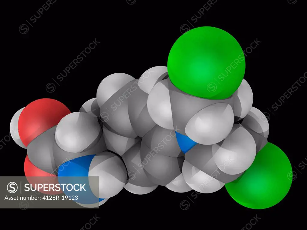 Melphalan, molecular model. Chemotherapy drug belonging to the class of nitrogen mustard alkylating agents. Used to treat multiple myeloma and ovarian...