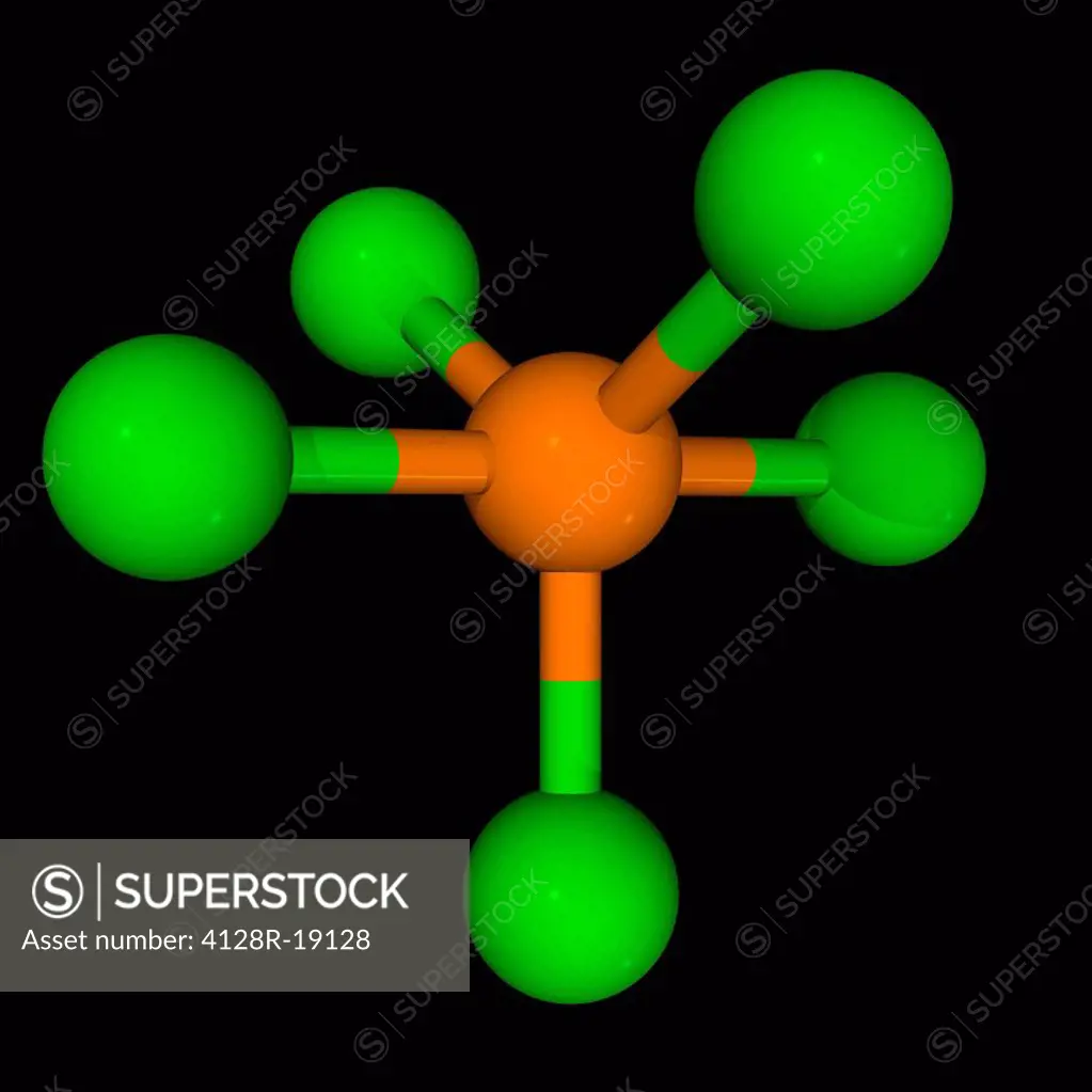 Phosphorus pentachloride, molecular model. Chemical compound used as a chlorinating reagent. Atoms are represented as spheres and are colour_coded: ph...